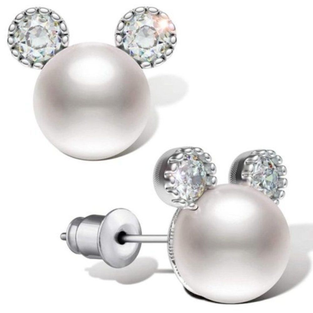 .925 Sterling Silver with White Pearl and Cubic Zirconia Mickey Mouse Earrings